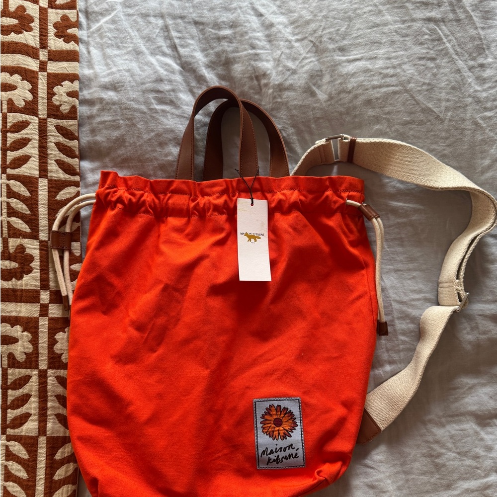 MAISON KITSUNE Bright Orange Tote with Floral Patch